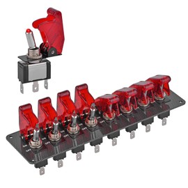 Jtron 8 LED Racing Car Toggle Switch Panel 12V DC, Carbon Fiber Coated Aluminum Plate, Safety Cover Protection, Suitable for car, Truck, Ship Modification (8 Red Switches)