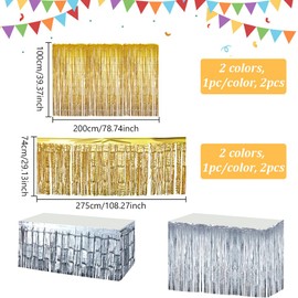 AHANDMAKER 4Pack Metallic Foil Fringe Tinsel Table Skirt for Rectangle Table, 78.7x39.4in/108.3x29.1in Tinsel Backdrop Curtain Shiny Tinsel Tassle Banner for Wedding Mardi Gras Party(Silver&Gold)