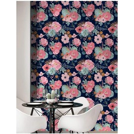 Noihlja Peel and Stick Wallpaper Removable Floral Cactus Pink Navy Flower Vinyl Self Adhesive Prepasted Decorative for Girls Women Bedroom Cabinets Desk Countertops 17.7in x 9.8ft