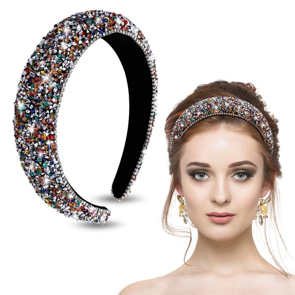 WLLHYF Rhinestone Headband Bling Crystal Hair Hoop Earrings Glitter Sparkle Thick Padded Hairband Diamond Beads Headband Fashion Hair Accessories for Women Girls (Colour)