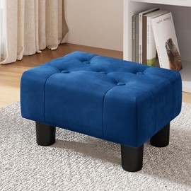LUE BONA Small Foot Stool Ottoman, Velvet Tufted Footrest with Plastic Legs, 9''H, Rectangle Foot Stools for Adult with Non-Slip Pads, Footstool for Living Room,Couch, Navy Blue