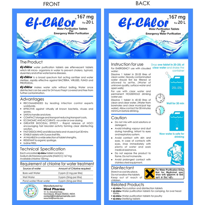 Ef-Chlor 167 Mg Water Purification Tablets Each Tablet Purifies 20