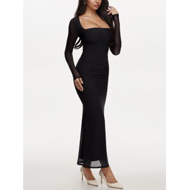 REORIA Long Sleeve Wedding Guest Maxi Dresses for Women Sheer Mesh Square Neck Ruched Bodycon Long Dress 2025 Fall Outfits Black Onyx Small