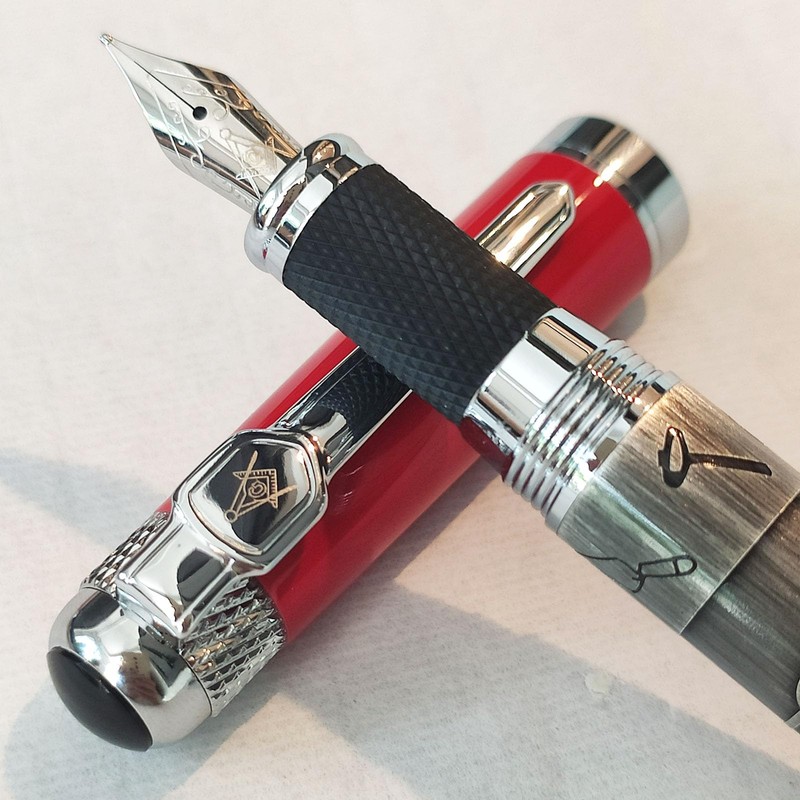 Masonic Symbols Engraved Heavy Weight Silver Metal Fountain Pen, Gift