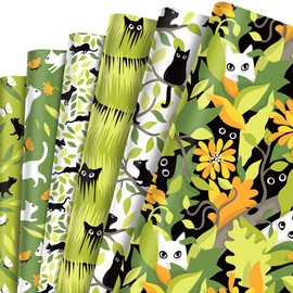 Cutie Playful Black and White Cat Pouncing on Butterflies in a Field of tall Grass and Spring Flowers, Tangled in Trees Wrapping Paper, Gothic Kitten Gift Wrap Folded Flat 6 Sheets in 6 Designs: 23 sq. ft. ttl With 22m black Silk Ribbon for for Birthday 