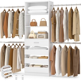 Aheaplus Closet System, 4-9Ft Closet Organizer with 4 Wooden Drawers, Wood Closet Organizer System with Tower, Walk-in Closet Organizer Wardrobe Clothes Rack with 4 Hanging Rods, Garment Rack, White