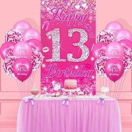 Pink 13th Birthday Decorations for Girls Boys Pink Happy 13th Birthday Door Cover Banner & 18Pcs Happy 13th Birthday Balloons Decorations for Hot Pink 13th Birthday Anniversary Party Supplies