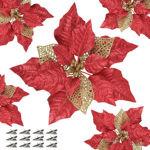Pauwer 12 Pcs 9.1in Poinsettia Flower Artificial Christmas Flowers Decorations with Clips Glitter Poinsettia Christmas Tree Ornament for Xmas Tree New Year Wedding Party