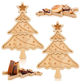 Whaline 2Pcs Christmas Bamboo Serving Trays Christmas Tree Star Wood Appetizer Boards Snacks Dessert Platters Xmas Charcuterie Board for Home Party Supplies, 10.6 x 7.9 x 0.6 in