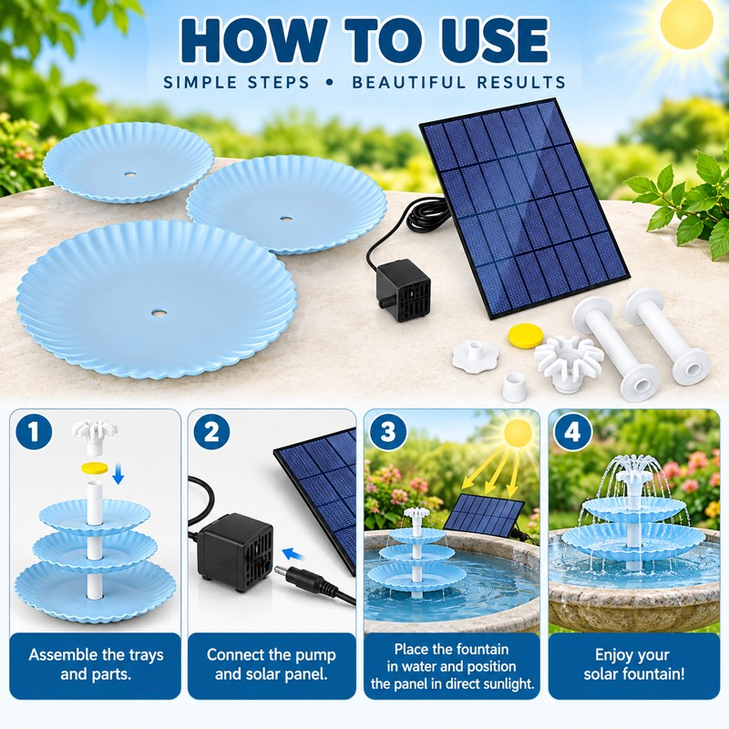 Solar Bird Bath Fountain for Outdoor Décor – 3-Tier Plastic