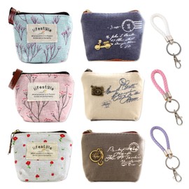 JIEYUMAO 6Pcs Small Canvas Coin Purse,6 Styles Small Zipper Pouch with Keychain, Mini Pouch Change Wallet Canvas Coin Purse Mini Makeup Bag Small Change Purse for Key Lipstick Credit Card Jewelry