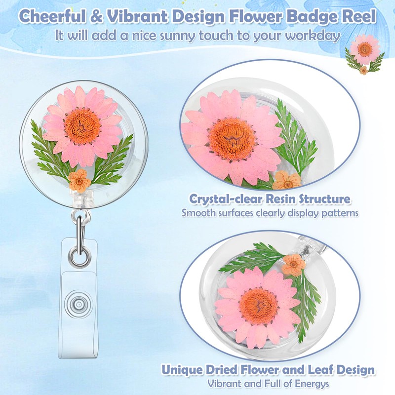 Jupwalz 4 Pcs Flower Badge Reel with Clear Badge Holder,