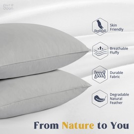 puredown Goose Feathers Down Pillows - Standard Size Bed Sleeping Hotel Collection Pillows Set of 2 with 100% Cotton Cover, Grey