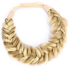 BOBIYA Messy Wide 2 Strands Synthetic Hair Auburn Braided Headband Classic Chunky Elastic Stretch Hair Band (Golden Brown Highlighted)