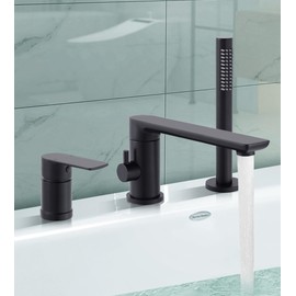 Modern Matte Black Roman Tub Faucet with 360° Rotated Spout, Deck Mount Bathtub Faucet with Hand Shower, Widespread 3 Holes Bath Tub Filler Faucet Rough In Valve Included (Black)