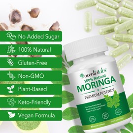 Moringa Capsules, Organic Moringa Tablets 800mg, Pure Moringa Leaf Extract Vegan Powder Capsules, No Additives, Non-GMO, 1-Month Supply, 60 Capsules