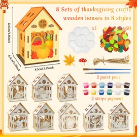 CPKONUUIP Autumn Craft Set Children's House, Autumn Craft Wooden House with Children, Crafts for Building and Painting, Wooden Craft Set Animal Autumn with 2 Brushes, DIY Autumn Animal Decoration Set