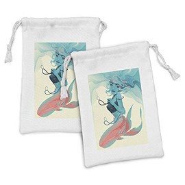 Ambesonne Mermaid Fabric Pouch Set of 2, Portrait of Gothic Style Makeup Art Fantasy Illustration Print, Small Drawstring Bag for Toiletries Masks and Favors, 9" x 6", Cream Teal Pink