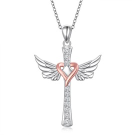 SHAOAN 925 Sterling Silver Cross Angel Wing Pendant Necklace Cubic Zirconia Heart Necklace Jewelry Gift for Women