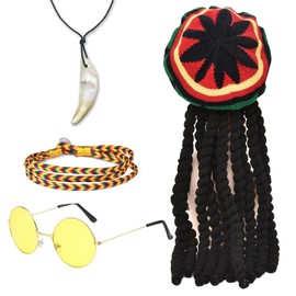 FUIPVGI 4 Pieces Hat Rasta Dreadlocks with Yellow Glasses, Braided Bracelet, Necklace, Reggae Hat Rasta Hat, Jamaican Dreadlocks Wig, Masquerade Costume Accessory for Cosplay (Multi-Colour)