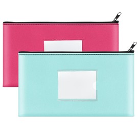 2 Pack Money Bags with Zipper, Bank Pouch with Label, 11 x 6.1 Inch PU Leather Cash Deposit Holder for Coins, Invoice, Bills, Cosmetics, Tools (Light Blue & Rose Red)