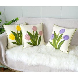 vctops Farmhouse Tulip Cotton Tufted Throw Pillow Cover Spring Floral Embroidery Pillowcase Soft Square Cushion Case for Sofa Couch Bed Chair (Yellow,18"x18")