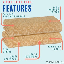 PREMIUS 2 Pack Damask Hand Towel, Bath Towel, and Bath Sheet Towel, 100% Cotton Yarn Dyed, Lux Drying Experience, Great for Hands and Body, Perfect for Spa & Home Use (Wheat, Bath Towel)