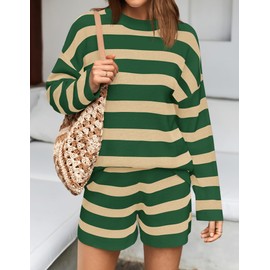ZESICA Striped Lounge Sets for Women 2 Piece Oversized Outfits Long Sleeve Tops and Shorts Sweater Pajama Set,Green,Medium