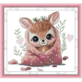 Maydiyer Counted Cross Stitch Kits for Adults,14CT Unprinted Pattern Embroidery Kits for Beginners,Easy Cross-Stitch Set DMC Threads Needlework-Fawn 11.4''×10.6''