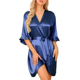 Wikoan Women's Satin Robe Summer Silk Dressing Gowns Soft Wedding Party Bathrobe 3/4 Sleeve Sleepwear with V-Neck,Light Blue,L