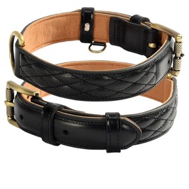 Beanspet Genuine Leather Dog Collar Quilted Design Antique Hardware 5 Colors 5 Sizes (Black, S)