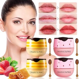 4 unidades de bálsamo labial de miel, máscara de labios de fresa y miel, reduce las líneas, hidrata e hidrata el cuidado de la piel, prevención de labios secos agrietados tratamiento de reparación