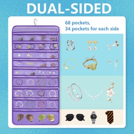 TEMUORG Travel Jewelry Organizer Dual Sided Hanging Earring Holder Bracelet Storage Rolls Rings Display Case with 68 Zippered Pockets (PURPLE)
