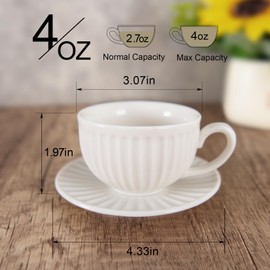 YINUOWEI White Tea Cups and Saucers- 4oz Stackable Ceramic Espresso Cups & Cappuccino Cup Set of 2 for Coffee, Latte, and Tea, Durable Porcelain tea Set & Modern Latte Cup Collection