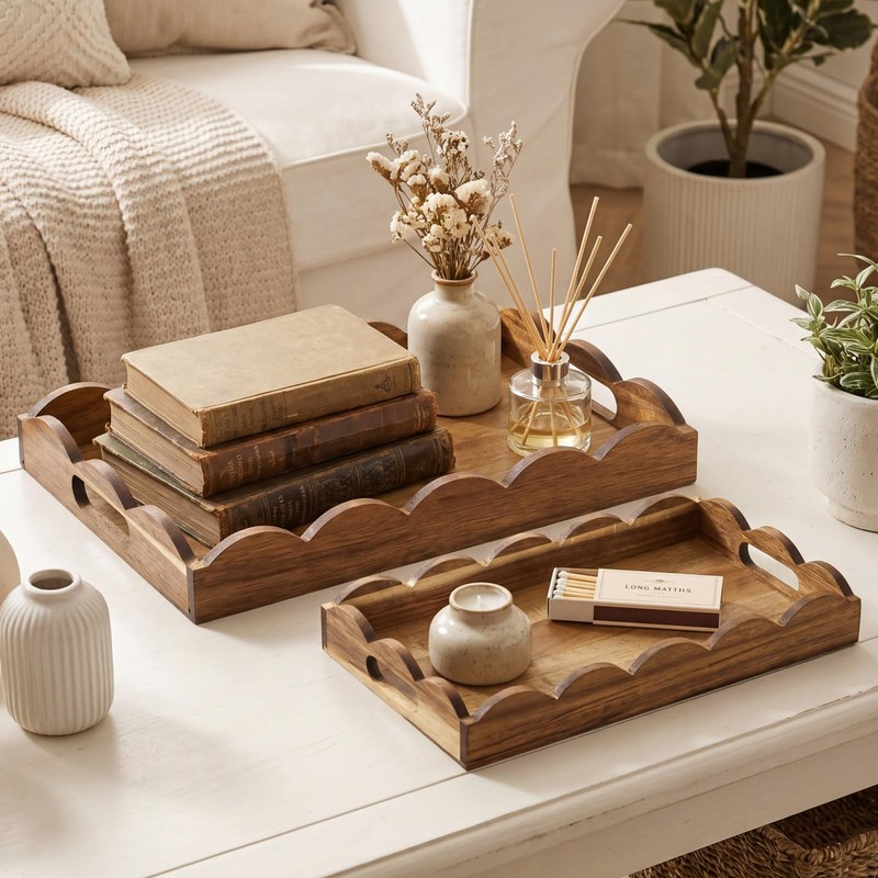 Sawysine 2 Pcs 2 Pcs Wooden Scalloped Tray with Handles