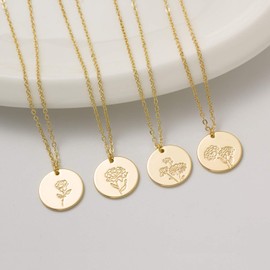 Gold Flower Necklace for Women 14K Gold Plated Birthday Month Necklace Engraved Birth Floral Coin Pendent Necklace