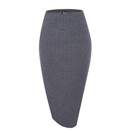 Urban CoCo Elastic Skinny High Waist Solid Ribbed Knit Office Pencil Skirt (Deep Gray, L)