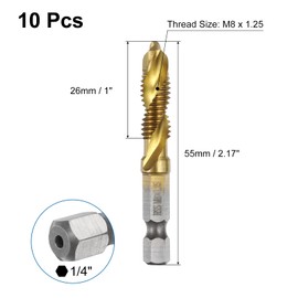 sourcing map 10pcs Combination Drill and Tap Bits Metric M8 x 1.25 Thread 1/4" Hex Shank Titanium Coated Threading Screw Taps 4341 High Speed Steel Machine Drilling Tapping Tool Kit