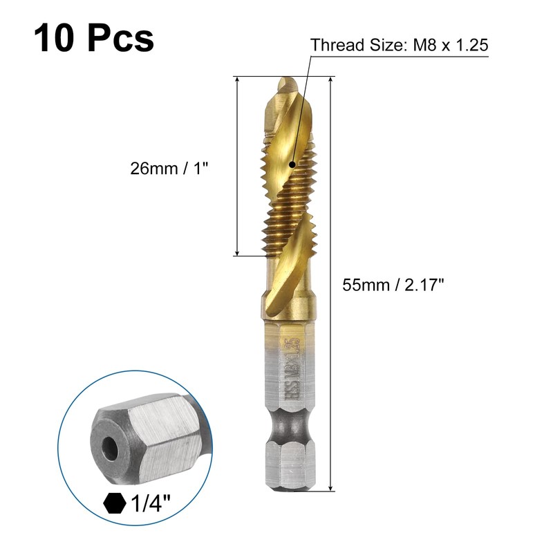 sourcing map 10pcs Combination Drill and Tap Bits Metric M8