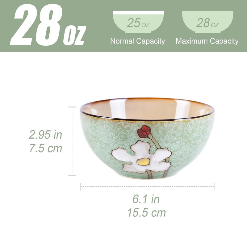 WHITEPEONY 28oz Ceramic Bowls Set of 4 for Kitchen, 6
