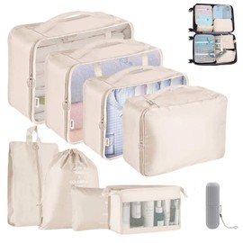 Travel Packing Cubes, Packing Cubes for Suitcases, 9 Pcs Waterproof Portable Travel Cubes Luggage Organiser, Lightweight Travel Accessories for Clothes Shoes Cosmetics Storage(Beige)