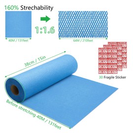 Honeycomb Packing Paper PINENUTS 15" x 131ft Eco Friendly Packing Paper for Moving Recyclable Honeycomb Paper Bubble Paper Wrapping with 30 Fragile Sticker Labels and 66fthemp rope (Sky blue)