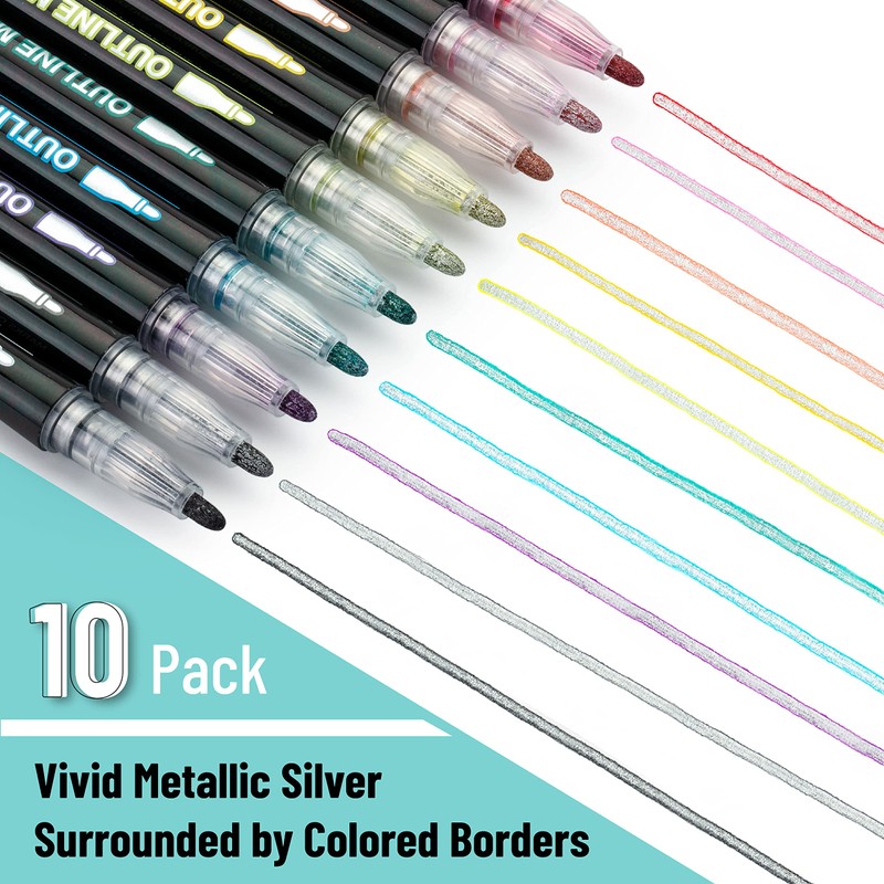 Mr. Pen- Double Line Outline Markers, 10 Colors, Self-Outline Metallic