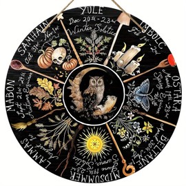RIVEENY Wheel Of The Year Wall Hanging，12" Wheel of The Year Wood Sign, Sabbats Pagan Witch Sign, Wiccan Holidays, Wicca Calendar, Yule Altar, Celestial Sign,Vintage Christmas Sign (1A-027)
