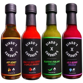 Gardner's Wisconsin Cheese, Drizzle Sauce Variety Pack - 4 Pack - Hot Honey, Roast Red Pepper & Garlic, Jalapeno Poblano, Wild Berry - Pairs with Oven Baked Cheese