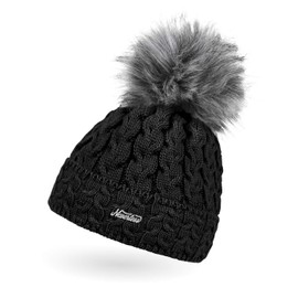 Neverless® Women's Knitted Hat, Fleece Lining, Fur Pompom, Faux Fur Winter Bobble Hat, Cable Knit, Multicoloured, Cuff -