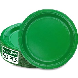 PTECDROTS 50 PCS Green Paper Plates - 9” Dark Green Disposable Plates Round Dinner Plates for Daily Use Holiday Picnic Celebrations Birthday Christmas Party Supplies