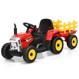 HONEY JOY Ride On Tractor with Trailer, Toddler 3-Gear-Shift Ground Loader, LED Lights, Horn, Music, 12V Battery Powered Electric Toy Tractor with Remote Control (Red)