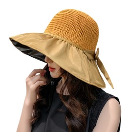 Women Summer Rain Hat UV UPF 50 Sun Protection Wide Brim Hat Sun Hat Foldable Bucket Hat, X Yellow Straw Hat With Bow, One Size