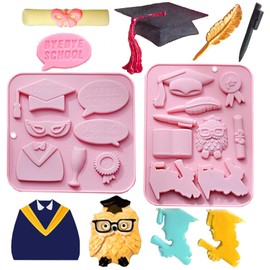 Copzievkae 2 Pack Graduation Chocolate Molds, Graduation Silicone Molds, Graduation Cap Chocolate Mold With Cap Diploma Owl Grad Pen Candy Chocolate Molds for 2024 Graduation Celebration